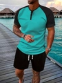 Mens summer casual set with blue patchwork Henley shirt and black sports shorts on a beach - S / Top And Bottom / Sky Blue
