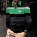Men's long sleeve polo shirt featuring green, black, and grey striped color block design - 4XL / Tops / Green (OK241)