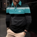 Men's long sleeve polo shirt featuring turquoise and black geometric stripe patterns - 4XL / Tops / Sky Blue (OK241)
