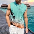 Detail of men's beach vest with teal to orange gradient and palm tree silhouette print - 3XL / Tops / Seaside Gradient Print Blue (BX07)