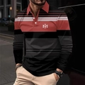 Men's slim long-sleeve polo shirt with red, black, and grey striped patchwork design - 4XL / Tops / Red (OK241)