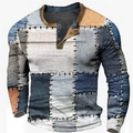 Langärmliges Herren Henley-Shirt mit Vintage-Jeans-Patchwork Digitaldruck-Design - 3XL / Oberteile / Denim Patchwork Digitaldruck (HJ-1225-021)