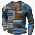 Herren Langarm-Henley-Shirt aus Waffelstrick mit blau-grünem geometrischem Patchwork-Print - 3XL / Oberteile / Blau Grün Braun Beige Geometrisch (HJ-1225-022)