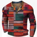 Herren Henley-Shirt aus Waffelstrick mit buntem geometrischem Patchwork-Digitaldruck - 3XL / Oberteile / Rot Orange Grün Violett Geometrisch (HJ-1225-023)