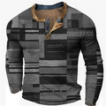 Langarm Henley-Shirt für Herren mit grauem geometrischem Patchwork und Waffelstruktur - 3XL / Oberteile / Grau Schwarz Weiß Unregelmäßiges Geometrisches (HJ-1225-025)