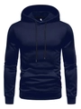 Close-up of a men's navy blue hoodie with adjustable drawstring hood and kangaroo pocket - S / Tops / Navy Blue