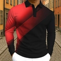 Men's slim fit long sleeve polo shirt with red and black gradient pattern design - 4XL / Tops / Red (OK239)