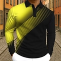 Men's slim long-sleeve polo shirt featuring yellow to black gradient and diagonal lines - 4XL / Tops / Yellow (OK239)