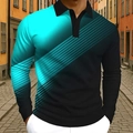 Men's slim fit long sleeve Polo shirt featuring a teal and black gradient with diagonal stripes - 4XL / Tops / Blue (OK239)