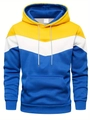 Detail of color-block hoodie with yellow, white and blue panels and kangaroo pocket - S / Tops / Yellow
