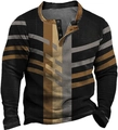 Herren Langarm-Henley-Polo mit schwarzer Waffelstruktur und braunem Streifenmuster - 3XL / Oberteile / Schwarz Gold Streifen Vertikal (HJ-1225-032)
