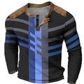 Herren Langarm-Henley-Shirt mit schwarzen Streifen und blauem geometrischem Muster - 3XL / Oberteile / Schwarz Blau Grau Streifen Geometrisch (HJ-1225-035)