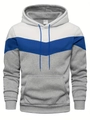Close-up of color-block hoodie featuring white, blue, and gray V-pattern design - S / Tops / Grayish White