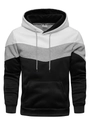 Detail view of tri-color hooded sweatshirt featuring premium stitching and front pouch pocket - S / Tops / Black and White