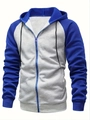 Detail of color-block hoodie featuring blue zipper, drawstrings and ribbed sleeve cuffs - S / Tops / Blue and Grey Stitching (KEEP LEARNING)