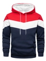 Detailed close-up of men's color-block hoodie with red, white and navy V-shaped design - S / Tops / Red and Navy Patchwork