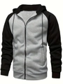 Detail of color-block hooded sweatshirt with full zipper and ribbed cuffs for men - S / Tops / Black and Grey Patchwork