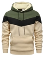 Detail of color-block hoodie showing drawstring hood, kangaroo pocket and size S label - S / Tops / Army Green and Khaki Patchwork