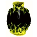Heren hoodie in zwart met neongeel vlammenpatroon en witte trekkoorden aan capuchon - S / Vlam Geel