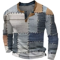Herren Henley-Shirt mit Patchwork-Druck in Blau, Grau und Braun Farbtönen - 3XL / Oberteile / Vintage Denim Patchwork Druck (HJ-1225-040)