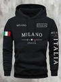 Detail of black hoodie featuring Milano Italia printing and Italian flag on sleeves - S / Tops / Milano Italia Print Black