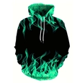 Men's street style black hoodie featuring vibrant 3D green flame prints and white drawstrings - S / Flame Green