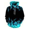 Macro detail van de coole blauwe 3D vlam digitale print op zwarte hoodie met trekkoord - S / Vlam Hemelsblauw