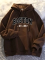 Close-up of brown hoodie with Boston embroidery on cozy white faux fur and newspaper background - S / Tops / Coffee
