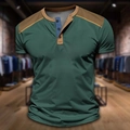 Men's dark green Henley shirt with khaki panels and three buttons on the neckline - 3XL / Dark Green