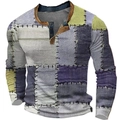 Vintage-Patchwork-Langarmshirt für Herren mit Henley-Ausschnitt und drei Knöpfen - 3XL / Oberteile / Denim Patchwork Druck (HJ-1225-042)