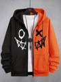 Detail of hooded jacket with orange and black color block and graffiti print - S / Tops / Orange