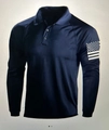 Detail of navy blue polo shirt with raglan sleeves and US flag print on left arm - S / Tops / Navy Blue