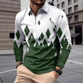 Herren Langarm-Poloshirt mit grünem Farbblock und Rautenmuster, Reißverschluss - S / Grünes Patchwork