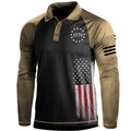 Close-up of long sleeve polo shirt with 1776 star print and American flag sleeve detail - S / Tops / Yellow