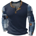 Navy Henley-Shirt für Herren mit Digital-Denim-Patchwork-Ärmeln und Wabenstruktur-Stoff - 3XL / Oberteile / Wabenstruktur Denim Patchwork (HJ-1225-043)