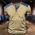 Men's khaki Henley shirt with navy contrast shoulder patches and button neck detail - 3XL / Khaki