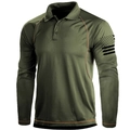 Detail of army green tactical polo shirt showing collar button and sleeve flag patch - S / Tops / Green