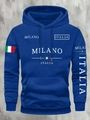 Close-up of bright blue hoodie featuring white Milano Italia typography and ribbed cuffs - S / Tops / Sapphire Blue