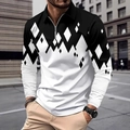 Detailed close-up of a men's color-block polo shirt featuring geometric patterns and zipper - S / Black and White