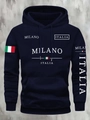 Detail of navy blue hoodie with Milano Italia print and Italian flag on textured wall - S / Tops / Navy Blue