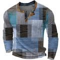 Langärmliges Henley-Shirt für Herren mit blau-grauem geometrischem Patchwork-Muster - 3XL / Oberteile / Blau Grau Braun Geometrisch (HJ-1225-03)