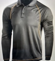 Detail of charcoal grey long sleeve polo shirt with orange contrast stitching and star patch - S / Tops / Dark Gray with Orange Contrast Stitching (HD-CXPL122)