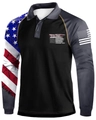 Detail view of American flag patterns and We the People text on black polo shirt - S / Tops / Black with Asymmetric Flag Print (HD-CXPL123)