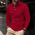 Detail view of red long sleeve polo shirt with standard collar and chest pocket detail - S / Tops / Burgundy