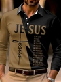 Detail of color-block long sleeve polo shirt featuring Jesus and cross graphic prints - S / Tops / Black Khaki Faith Text Print