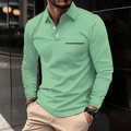 Detail of light green men's long sleeve polo shirt with chest pocket and modern collar - S / Tops / Green