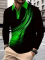 Close-up of men's black polo shirt with abstract green graphics and contrasting collar - S / Tops / Black Green Abstract Streamline Print