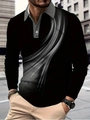 Detail of men's long-sleeve polo shirt featuring a grey gradient stripe and three-button collar - S / Tops / Black Gray Gradient Streamline Print
