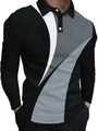 Detail of slim fit long sleeve polo shirt featuring black grey and white curved patchwork - S / Tops / Black Gray White Curve Patchwork (HD-CXPL114)