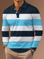 Detail of navy and sky blue striped men's long sleeve polo shirt with three-button placket - S / Tops / Navy White Sky Blue Stripe (HD-CXPL115-Sky Blue)